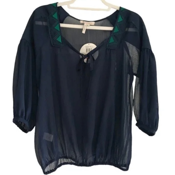 BCBG Contrast Stitch Blouson Sheer Boho Peasant Top, SizeXS Navy Blue/Green - Picture 2 of 6